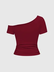 ROMWE Summer Grunge Punk Vintage Eye Print Colorblock 2 In 1 Asymmetrical Shoulder Loose Fit Women's T-Shirt - Red - View 2