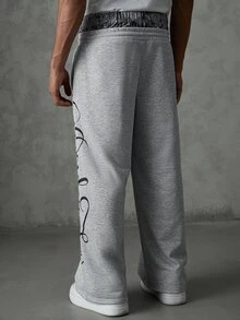 SLATEMANN Men's Drawstring Waist Letter Print Casual Everyday Wide Leg Sweatpants - Grey - View 2