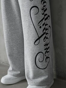 SLATEMANN Men's Drawstring Waist Letter Print Casual Everyday Wide Leg Sweatpants - Grey - View 3