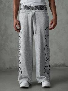 SLATEMANN Men's Drawstring Waist Letter Print Casual Everyday Wide Leg Sweatpants - Grey - View 4