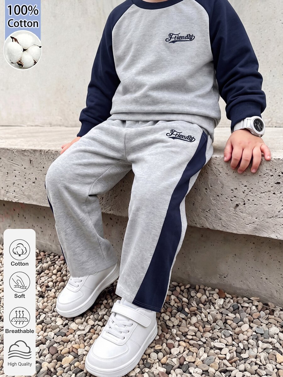SHEIN Genkimix Kids Boys Korean Style Minimalist Black & Grey Color Block Raglan Sleeve Crew Neck Sweatshirt With Matching Color Block Loose Sweatpants Set, Spring Daily Wear