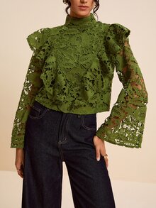 LOTSLUV Atasan Renda dengan Kerah Tinggi dan Hiasan Ruffle - Hijau - View 4