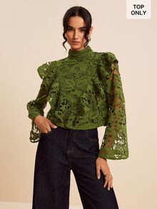 LOTSLUV Atasan Renda dengan Kerah Tinggi dan Hiasan Ruffle - Hijau - View 5