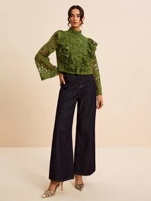 LOTSLUV Atasan Renda dengan Kerah Tinggi dan Hiasan Ruffle - Hijau - View 6