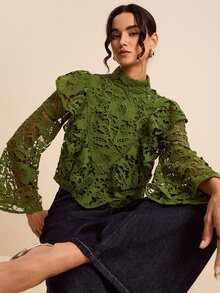 LOTSLUV Atasan Renda dengan Kerah Tinggi dan Hiasan Ruffle - Hijau - View 1
