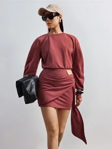 MERLEAU Women's Slim Fit Dusty Rose Ruched Draped Asymmetric Mini Dress, Solid Y2K Sexy Modern Style For Fall Party Club Going Out Night Out, Commute Daily - Redwood - View 5