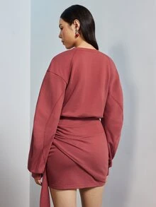 MERLEAU Women's Slim Fit Dusty Rose Ruched Draped Asymmetric Mini Dress, Solid Y2K Sexy Modern Style For Fall Party Club Going Out Night Out, Commute Daily - Redwood - View 2