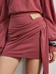 MERLEAU Women's Slim Fit Dusty Rose Ruched Draped Asymmetric Mini Dress, Solid Y2K Sexy Modern Style For Fall Party Club Going Out Night Out, Commute Daily - Redwood - View 4