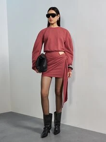 MERLEAU Women's Slim Fit Dusty Rose Ruched Draped Asymmetric Mini Dress, Solid Y2K Sexy Modern Style For Fall Party Club Going Out Night Out, Commute Daily - Redwood - View 7