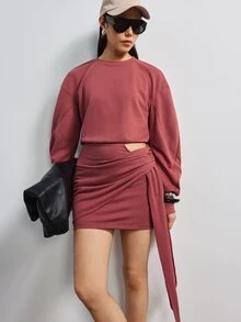 MERLEAU Women's Slim Fit Dusty Rose Ruched Draped Asymmetric Mini Dress, Solid Y2K Sexy Modern Style For Fall Party Club Going Out Night Out, Commute Daily - Redwood - View 6