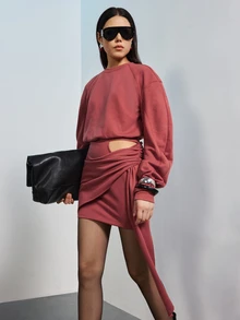 MERLEAU Women's Slim Fit Dusty Rose Ruched Draped Asymmetric Mini Dress, Solid Y2K Sexy Modern Style For Fall Party Club Going Out Night Out, Commute Daily - Redwood - View 1