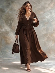 Ceyna Plus Size Women's French Casual Elegant 2 In 1 V-Neck Long Sleeve Dress - Brown - View 6