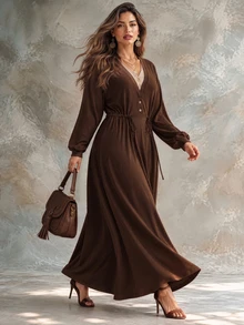 Ceyna Plus Size Women's French Casual Elegant 2 In 1 V-Neck Long Sleeve Dress - Brown - View 3