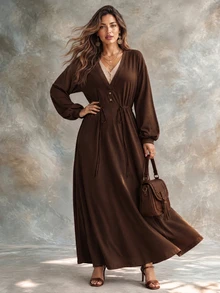 Ceyna Plus Size Women's French Casual Elegant 2 In 1 V-Neck Long Sleeve Dress - Brown - View 5