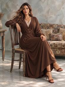 Ceyna Plus Size Women's French Casual Elegant 2 In 1 V-Neck Long Sleeve Dress - Brown - View 4
