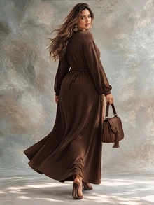 Ceyna Plus Size Women's French Casual Elegant 2 In 1 V-Neck Long Sleeve Dress - Brown - View 2