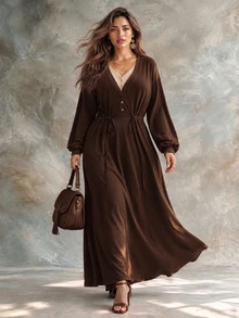 Ceyna Plus Size Women's French Casual Elegant 2 In 1 V-Neck Long Sleeve Dress - Brown - View 1