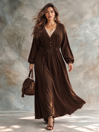 Ceyna Plus Size Women's French Casual Elegant 2 In 1 V-Neck Long Sleeve Dress