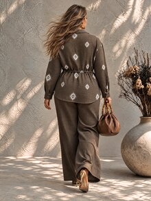 Ceyna Plus Size Women's French Casual Boho Elegant Faux Embroidery Print Long Sleeve Shirt And Pants 2 Pieces Set Fall Vacation Brown Black - Brown - View 2
