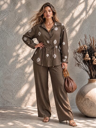 Ceyna Completo da donna taglie forti stile casual elegante francese con stampa effetto ricamo, camicia a maniche lunghe e pantaloni, 2 pezzi, autunno