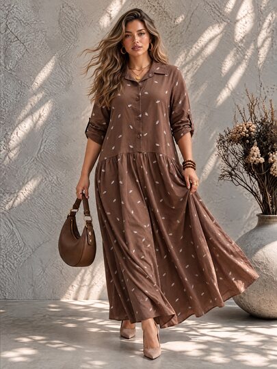 Ceyna Plus Size Women's French Casual Retro Elegant Faux Embroidery Print Long Sleeve Dress Thanksgiving Brunch Vacation Brown Fall