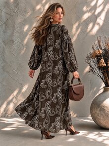 Ceyna Plus Size Women's French Casual Boho Elegant Faux Embroidery Print Round Neck Long Sleeve Dress Fall Brunch Vacation - Brown - View 2