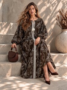 Ceyna Plus Size Women's French Casual Boho Elegant Faux Embroidery Print Round Neck Long Sleeve Dress Fall Brunch Vacation - Brown - View 7