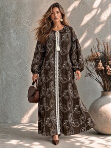 Ceyna Plus Size Women's French Casual Boho Elegant Faux Embroidery Print Round Neck Long Sleeve Dress Fall Brunch Vacation - Brown - View 3