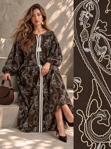 Ceyna Plus Size Women's French Casual Boho Elegant Faux Embroidery Print Round Neck Long Sleeve Dress Fall Brunch Vacation - Brown - View 1