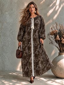 Ceyna Plus Size Women's French Casual Boho Elegant Faux Embroidery Print Round Neck Long Sleeve Dress Fall Brunch Vacation - Brown - View 6