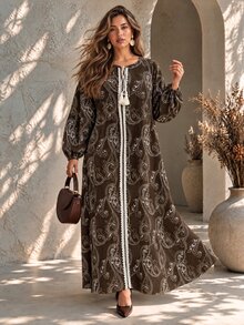 Ceyna Plus Size Women's French Casual Boho Elegant Faux Embroidery Print Round Neck Long Sleeve Dress Fall Brunch Vacation - Brown - View 4