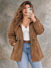 Ceyna Plus Size Women's French Casual Elegant Embroidered Long Sleeve Jacket Fall Thanksgiving Holiday Office Camel - Coffee Brown - View 3