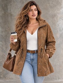 Ceyna Plus Size Women's French Casual Elegant Embroidered Long Sleeve Jacket Fall Thanksgiving Holiday Office Camel - Coffee Brown - View 1