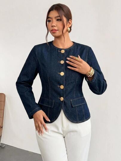 Firerie Plus-Size Women's Long-Sleeve Denim Top In Dark Blue, Featuring A Round Neck And Single-Breasted Design With Metal Buttons-Suitable For Casual Outings