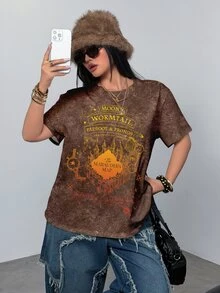 HARRY POTTER X SHEIN Kaos Kasual Musim Panas Ukuran Besar dengan Motif Kastil - Putih - View 3