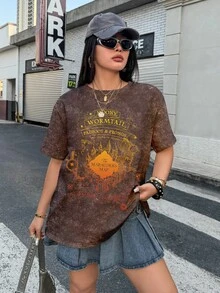 HARRY POTTER X SHEIN Kaos Kasual Musim Panas Ukuran Besar dengan Motif Kastil - Putih - View 1
