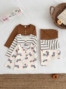 SHEIN 男嬰 6 件套，秋季/長袖小狗棕色套裝，新生兒，長褲，幼兒可愛配套內層，家庭拍照 - 彩色 - 查看 3
