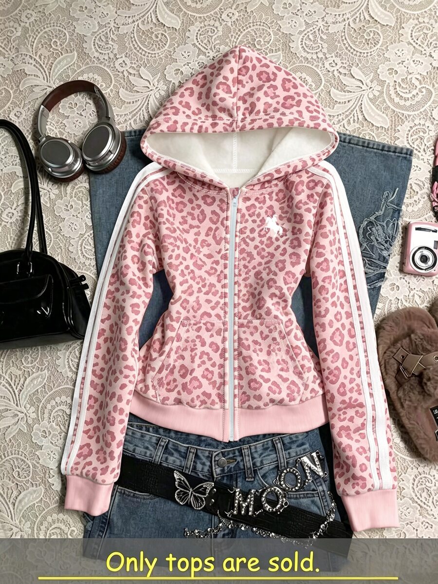 Tween Girls Delicate Pink Leopard Print Hooded Zip-Up Jacket, Suitable For Autumn/Winter, Personalized Pink Leopard Pattern Jacket, Simple Daily Casual Style, Back To School Essential, Comfortable And Easy To Wear, Family Outings, Simple Casual, Comfortable And Easy To Wear, Easy Sports, Basic Jacket, Daily Fashion - Multicolor - View 1