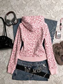 Tween Girls Delicate Pink Leopard Print Hooded Zip-Up Jacket, Suitable For Autumn/Winter, Personalized Pink Leopard Pattern Jacket, Simple Daily Casual Style, Back To School Essential, Comfortable And Easy To Wear, Family Outings, Simple Casual, Comfortable And Easy To Wear, Easy Sports, Basic Jacket, Daily Fashion - Multicolor - View 2