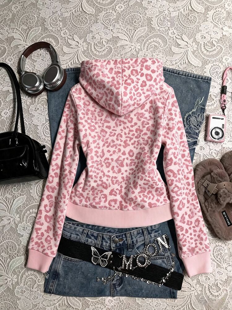 Tween Girls Delicate Pink Leopard Print Hooded Zip-Up Jacket, Suitable For Autumn/Winter, Personalized Pink Leopard Pattern Jacket, Simple Daily Casual Style, Back To School Essential, Comfortable And Easy To Wear, Family Outings, Simple Casual, Comfortable And Easy To Wear, Easy Sports, Basic Jacket, Daily Fashion - Multicolor - View 2