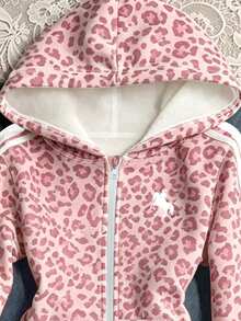 Tween Girls Delicate Pink Leopard Print Hooded Zip-Up Jacket, Suitable For Autumn/Winter, Personalized Pink Leopard Pattern Jacket, Simple Daily Casual Style, Back To School Essential, Comfortable And Easy To Wear, Family Outings, Simple Casual, Comfortable And Easy To Wear, Easy Sports, Basic Jacket, Daily Fashion - Multicolor - View 5