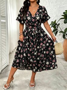 SHEIN LUNE CURVE Plus Size Women's V-Neck Floral Print Casual Party Dress - Black - View 4