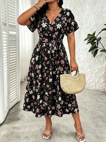 SHEIN LUNE CURVE Plus Size Women's V-Neck Floral Print Casual Party Dress - Black - View 8