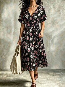SHEIN LUNE CURVE Plus Size Women's V-Neck Floral Print Casual Party Dress - Black - View 6