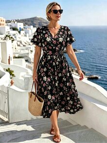 SHEIN LUNE CURVE Plus Size Women's V-Neck Floral Print Casual Party Dress - Black - View 1