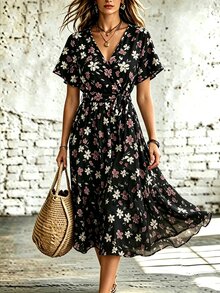 SHEIN LUNE CURVE Plus Size Women's V-Neck Floral Print Casual Party Dress - Black - View 5