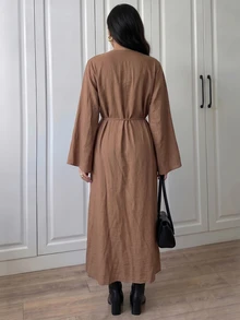 Elenzga Urban Fashion Elegant Vacation New Women's Spring/Summer Apricot V-Neck Long Sleeve Pleated Dress Suitable For Daily Wear, Wedding, Evening Party, Daily Commute, Graduation Party, Holiday Events, Vacation, Date, Party, Halloween, Christmas, New Year, Thanksgiving, Wedding - Brown - View 2