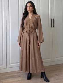 Elenzga Urban Fashion Elegant Vacation New Women's Spring/Summer Apricot V-Neck Long Sleeve Pleated Dress Suitable For Daily Wear, Wedding, Evening Party, Daily Commute, Graduation Party, Holiday Events, Vacation, Date, Party, Halloween, Christmas, New Year, Thanksgiving, Wedding - Brown - View 3
