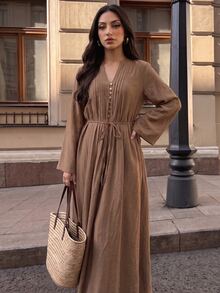 Elenzga Urban Fashion Elegant Vacation New Women's Spring/Summer Apricot V-Neck Long Sleeve Pleated Dress Suitable For Daily Wear, Wedding, Evening Party, Daily Commute, Graduation Party, Holiday Events, Vacation, Date, Party, Halloween, Christmas, New Year, Thanksgiving, Wedding - Brown - View 5