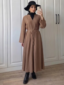 Elenzga Urban Fashion Elegant Vacation New Women's Spring/Summer Apricot V-Neck Long Sleeve Pleated Dress Suitable For Daily Wear, Wedding, Evening Party, Daily Commute, Graduation Party, Holiday Events, Vacation, Date, Party, Halloween, Christmas, New Year, Thanksgiving, Wedding - Brown - View 6